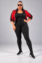 Load image into Gallery viewer, Model wearing black high-waisted legging sneakers with red jacket
