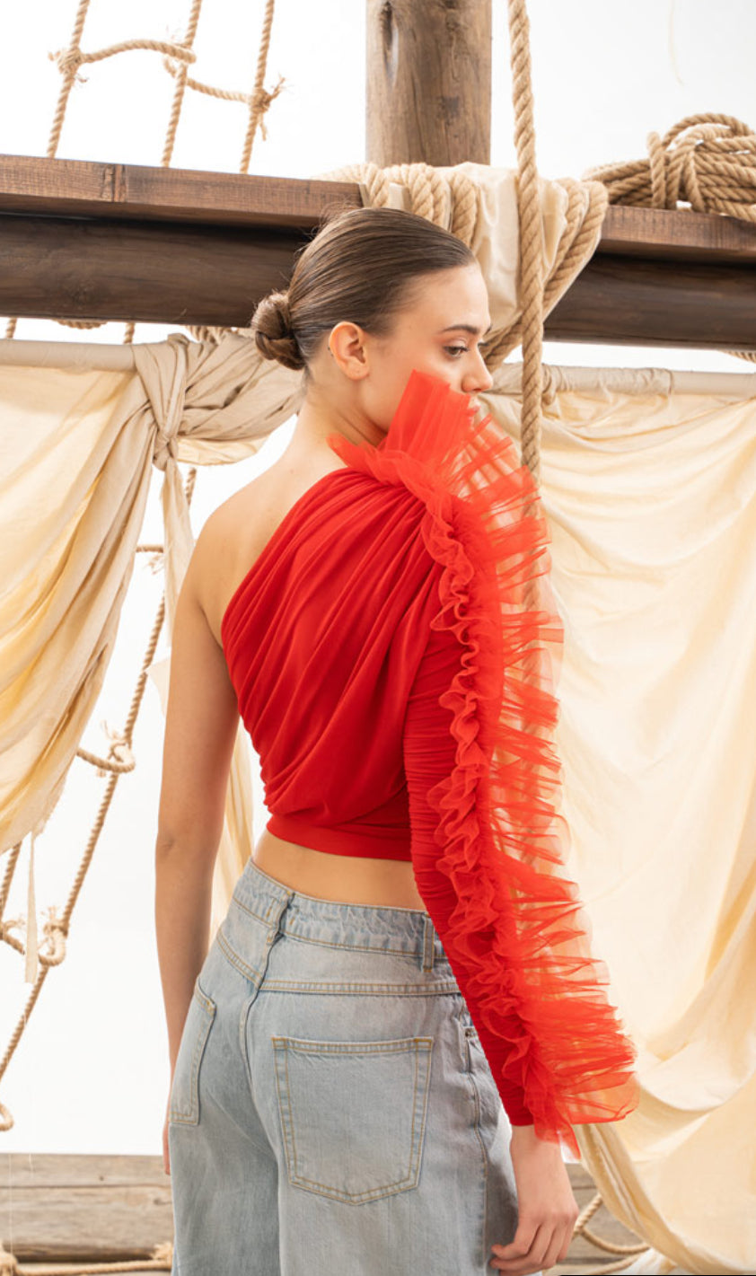 RED RUFFLE TRIM ONE SHOULDER TOP